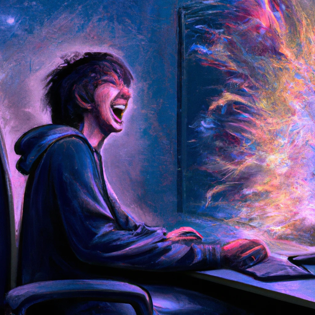 A painting of a delighted programmer sitting at his desk, with a nebulous explosion of colors bursting from where his screen would be.