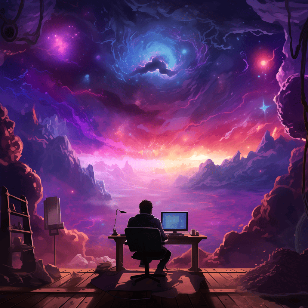 A visual metaphor for good maintainability - a serene purple-themed painting depicting a person sitting at a desk with a computer screen inside what appears to be a room, but with the wall he's facing removed. instead, a vast rocky valley stretches out in front of the desk, with nebulous blue and violet whirls in the sky.