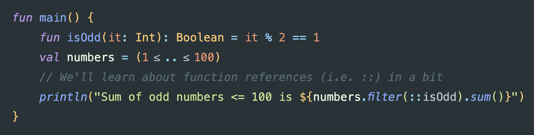 The string template example from above, but rendered inside an IDE, where the color scheme makes it easy to distinguish evaluated expressions from the rest of the string.