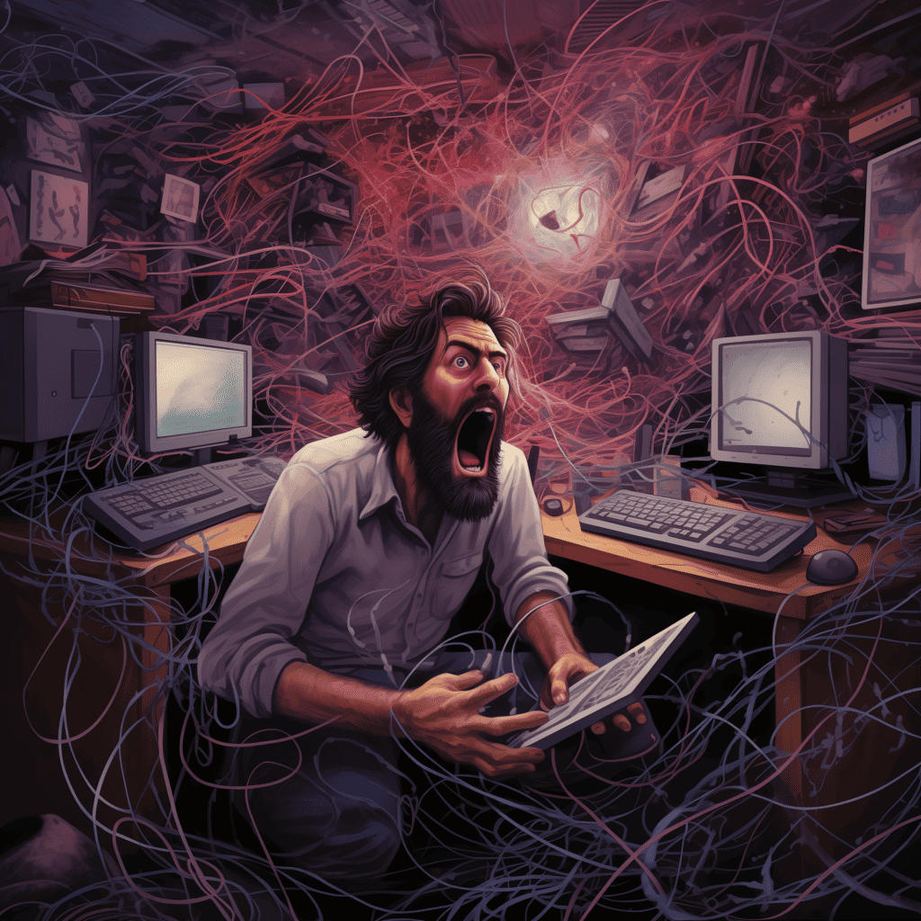 A visual metaphor for bad maintainability - a painting of a screaming desperate and angry bearded man in a room surrounded by a confusing tangle of what seem to be wires, filling up most of the room and enveloping computer monitors and other objects.